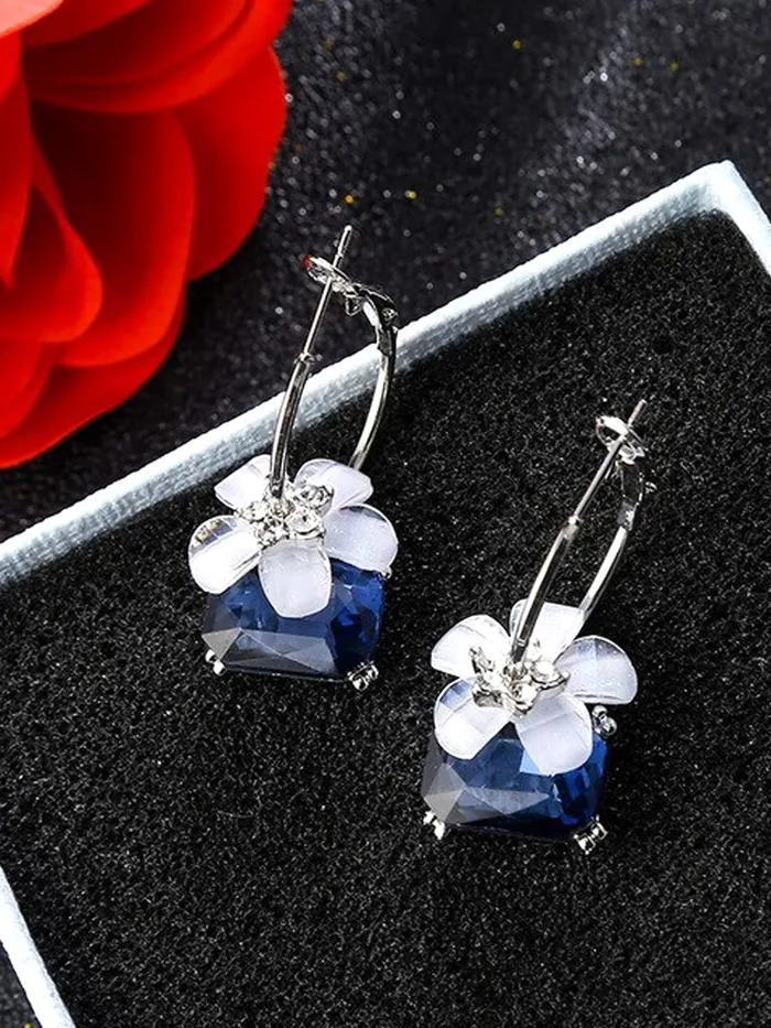 Necklaces Yellow Chimes Yellow Chimes Earrings For Women Silver Hoop With Flower and Blue Stone Hanging Drop Earrings For Women and Girls