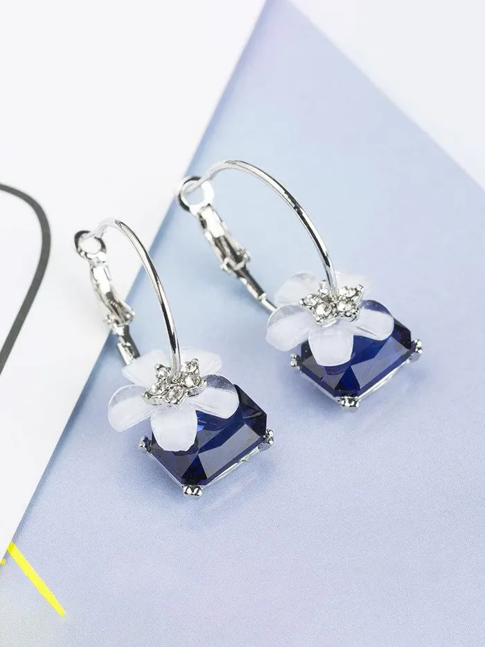 Necklaces Yellow Chimes Yellow Chimes Earrings For Women Silver Hoop With Flower and Blue Stone Hanging Drop Earrings For Women and Girls