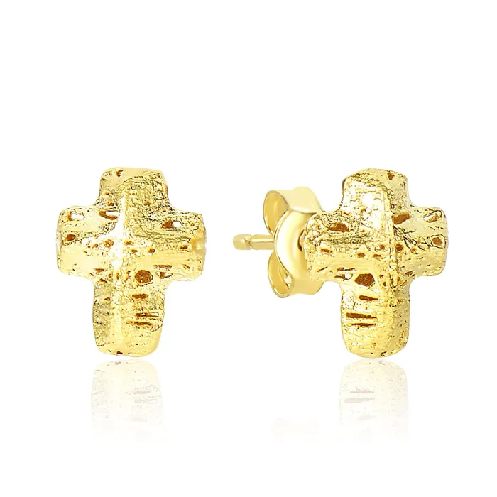 14k Yellow Gold Puff Crucifix Earrings with Texture MayaMila Earrings
