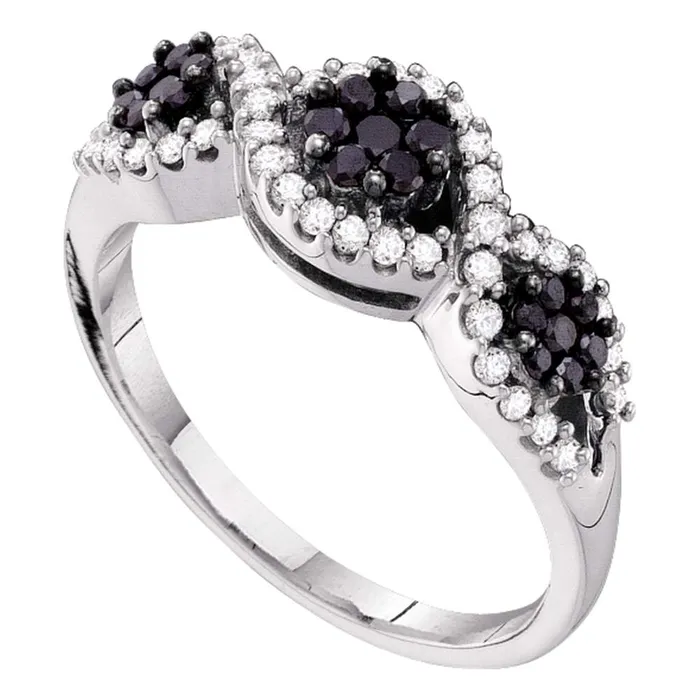 14kt White Gold Womens Round Black Color Enhanced Diamond Flower Cluster Band Ring 12 Cttw mayamila Rings