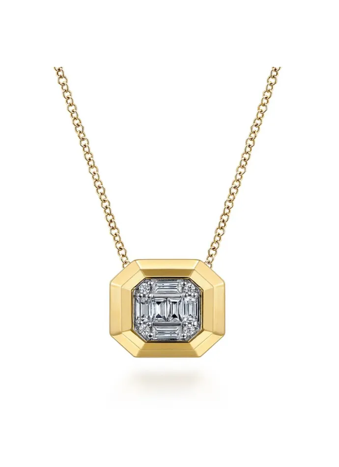 GABRIEL CO Necklaces Gabriel Co14K Yellow Gold Geometric Baguette and Round Diamond Pendant Necklace NK7278Y44JJ