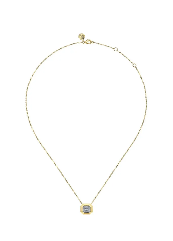 GABRIEL CO Necklaces Gabriel Co14K Yellow Gold Geometric Baguette and Round Diamond Pendant Necklace NK7278Y44JJ