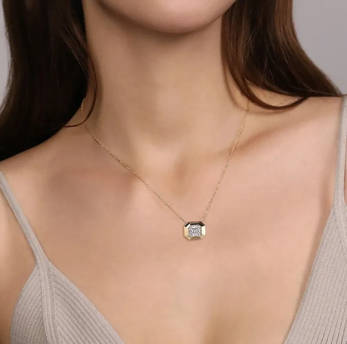 GABRIEL CO Necklaces Gabriel Co14K Yellow Gold Geometric Baguette and Round Diamond Pendant Necklace NK7278Y44JJ