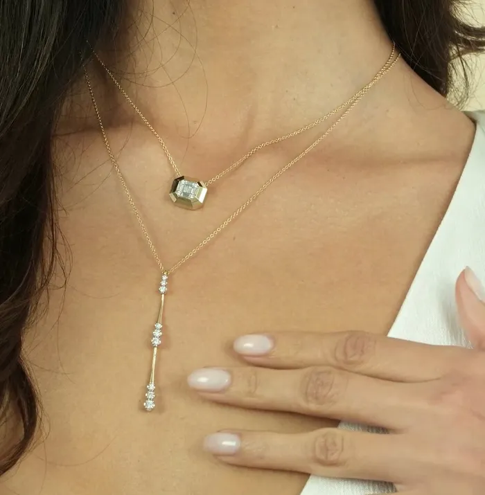 GABRIEL CO Necklaces Gabriel Co14K Yellow Gold Geometric Baguette and Round Diamond Pendant Necklace NK7278Y44JJ