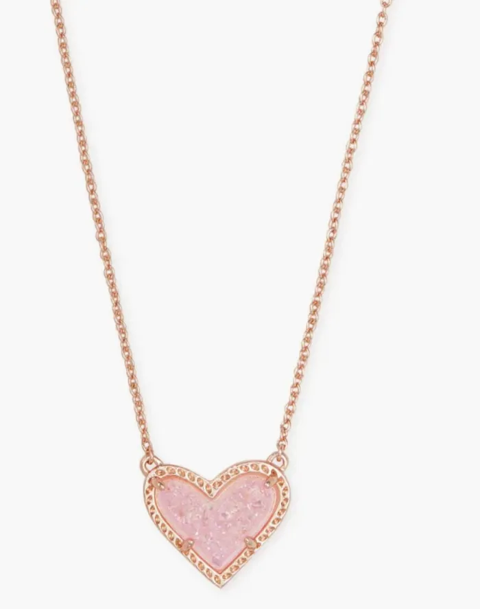 Kendra ScottAri Heart Rose Gold Metal Pendant Necklace in Light Pink Drusy 4217704865 Kendra Scott Necklaces