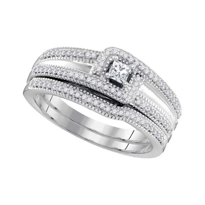 Rings mayamila 10k White Gold Princess Diamond Bridal Wedding Engagement Ring Band Set 13 Cttw