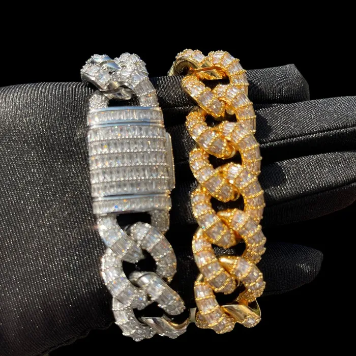 BAGUETTE Bracelets 19MM Fully Baguette Cuban Link Iced Out Diamond Bracelet