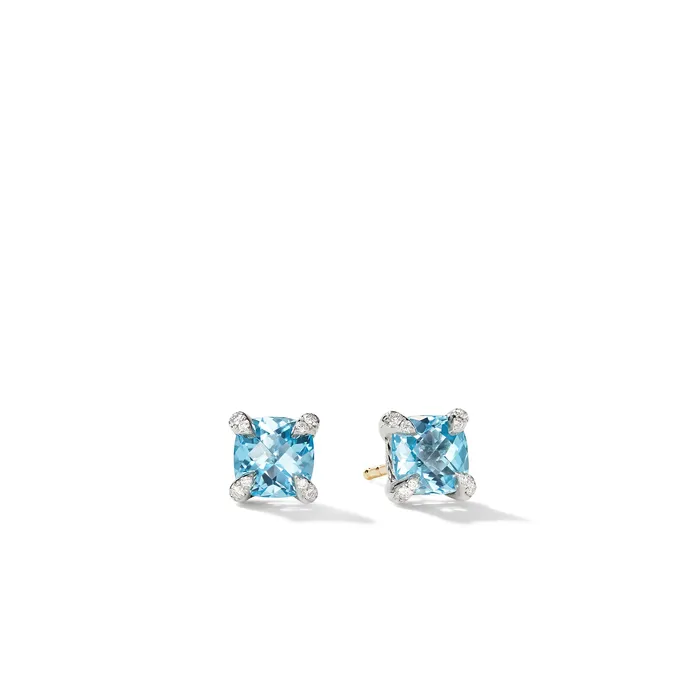 Earrings Petite Chatelaine Stud Earrings in Sterling Silver with Blue Topaz and Diamonds 6mm David Yurman