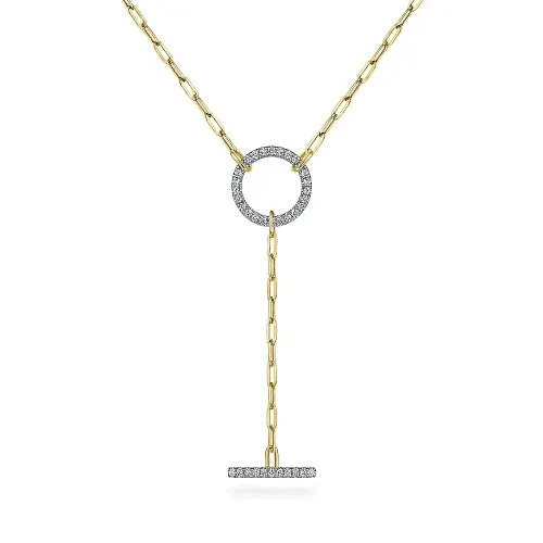 GABRIEL CO Necklaces 14K Yellow Gold Diamond Circle and Bar YKnot Necklace with Hollow Paperclip Chain