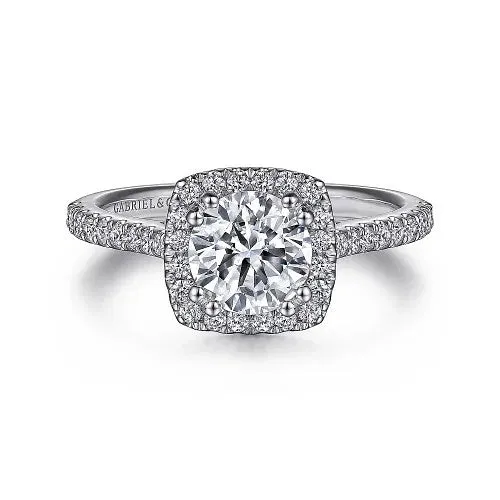 GABRIEL CO Rings 14K White Gold Cushion Halo Round Diamond Engagement Ring