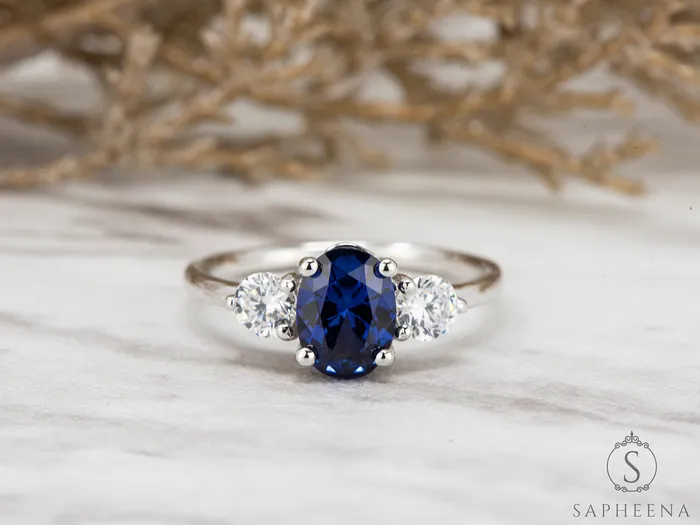 Sapheena Jewelry Orion Three Stone 175 Ct Oval Cut Blue Sapphire Engagement Ring Rings