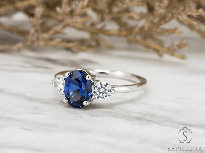 Sapheena Jewelry Orion Three Stone 175 Ct Oval Cut Blue Sapphire Engagement Ring Rings