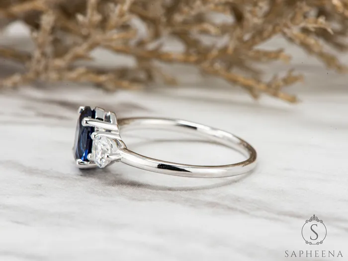 Sapheena Jewelry Orion Three Stone 175 Ct Oval Cut Blue Sapphire Engagement Ring Rings