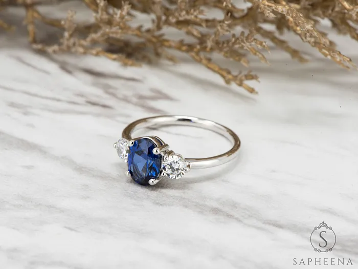 Sapheena Jewelry Orion Three Stone 175 Ct Oval Cut Blue Sapphire Engagement Ring Rings