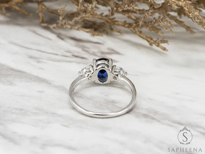 Sapheena Jewelry Orion Three Stone 175 Ct Oval Cut Blue Sapphire Engagement Ring Rings