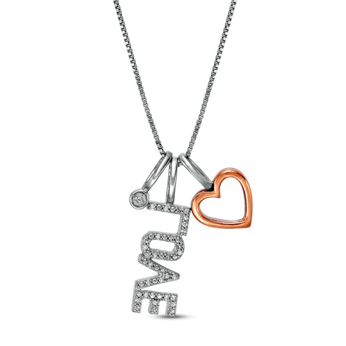 005 CT TW Natural Diamond Outline Heart LOVE and Circle Charm Pendant in Sterling Silver and 10K Rose Gold Goldia Necklaces