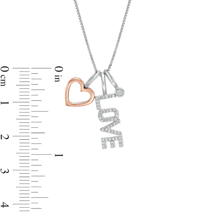 005 CT TW Natural Diamond Outline Heart LOVE and Circle Charm Pendant in Sterling Silver and 10K Rose Gold Goldia Necklaces