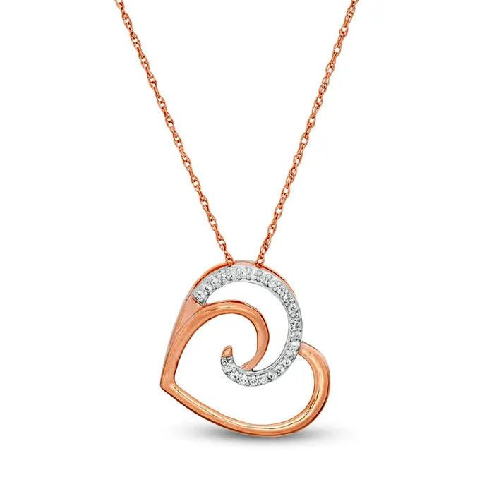 005 CT TW Natural Diamond Swirl Tilted Heart Pendant in 10K Rose Gold Goldia Necklaces