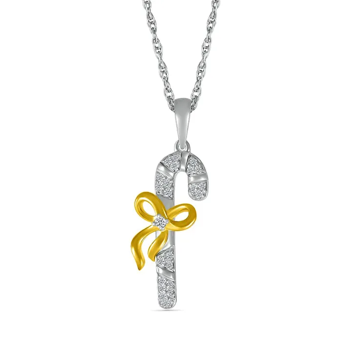 007 CT TW Natural Diamond Candy Cane with Bow Pendant in Sterling Silver and 14K Gold Plate Goldia Necklaces
