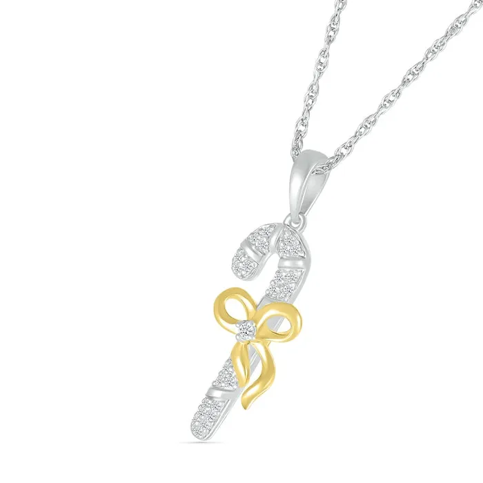 007 CT TW Natural Diamond Candy Cane with Bow Pendant in Sterling Silver and 14K Gold Plate Goldia Necklaces