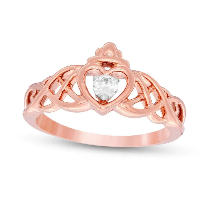 010 CT Natural Clarity Enhanced Diamond Solitaire Heart Crown Celtic Scroll Ring in Solid 10K Rose Gold Goldia Rings