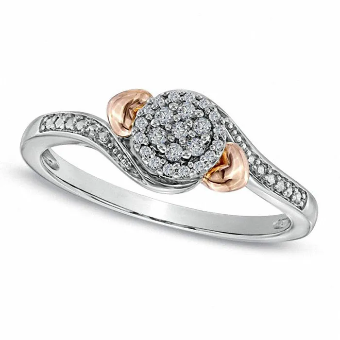 010 CT TW Natural Diamond Cluster Promise Ring with Heart Accents in TwoTone Sterling Silver Goldia Rings