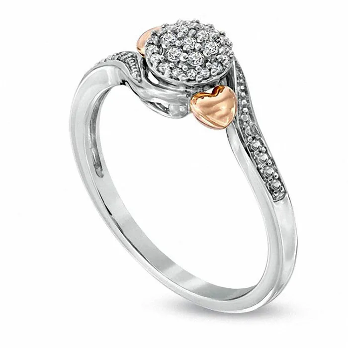 010 CT TW Natural Diamond Cluster Promise Ring with Heart Accents in TwoTone Sterling Silver Goldia Rings