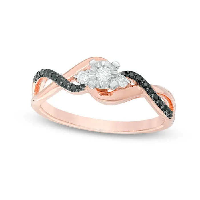 017 CT TW Enhanced Black and White Natural Diamond Twist Promise Ring in Solid 10K Rose Gold Goldia Rings