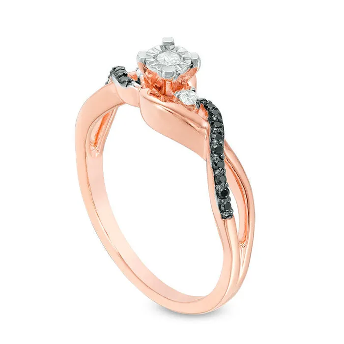 017 CT TW Enhanced Black and White Natural Diamond Twist Promise Ring in Solid 10K Rose Gold Goldia Rings