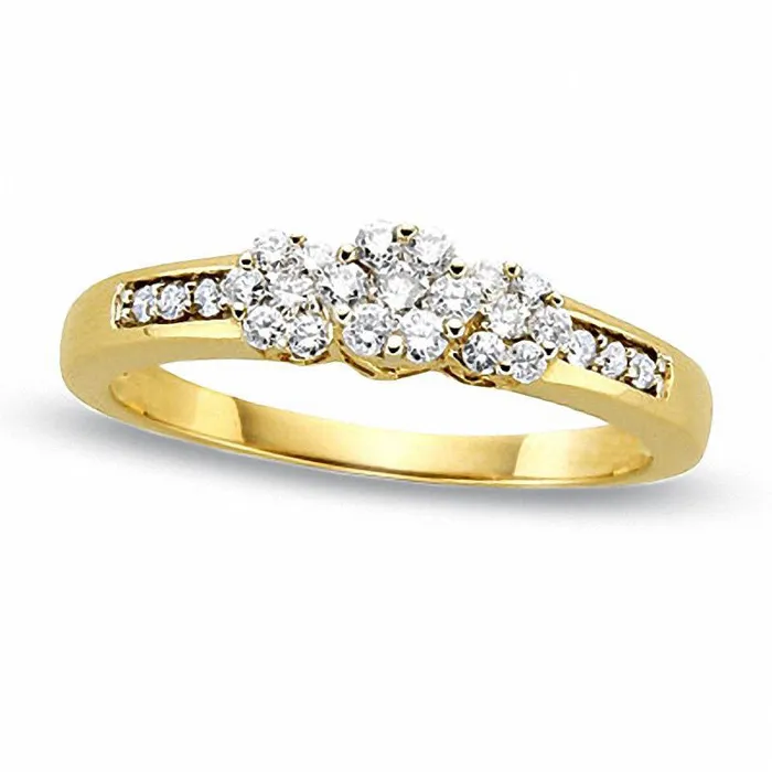 020 CT TW Natural Diamond Flower Three Stone Ring in Solid 10K Yellow Gold Goldia Rings