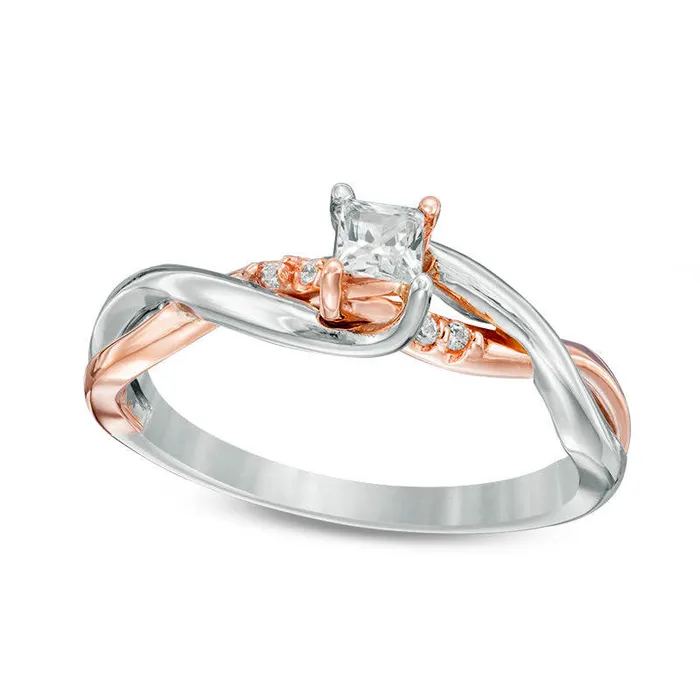 020 CT TW PrincessCut Natural Diamond Twist Shank Promise Ring in Solid 10K TwoTone Gold Goldia Rings