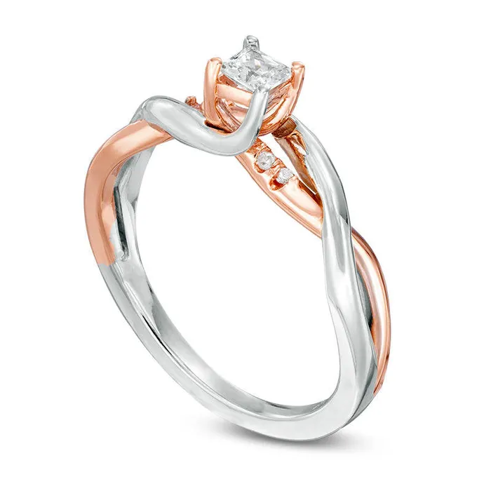020 CT TW PrincessCut Natural Diamond Twist Shank Promise Ring in Solid 10K TwoTone Gold Goldia Rings
