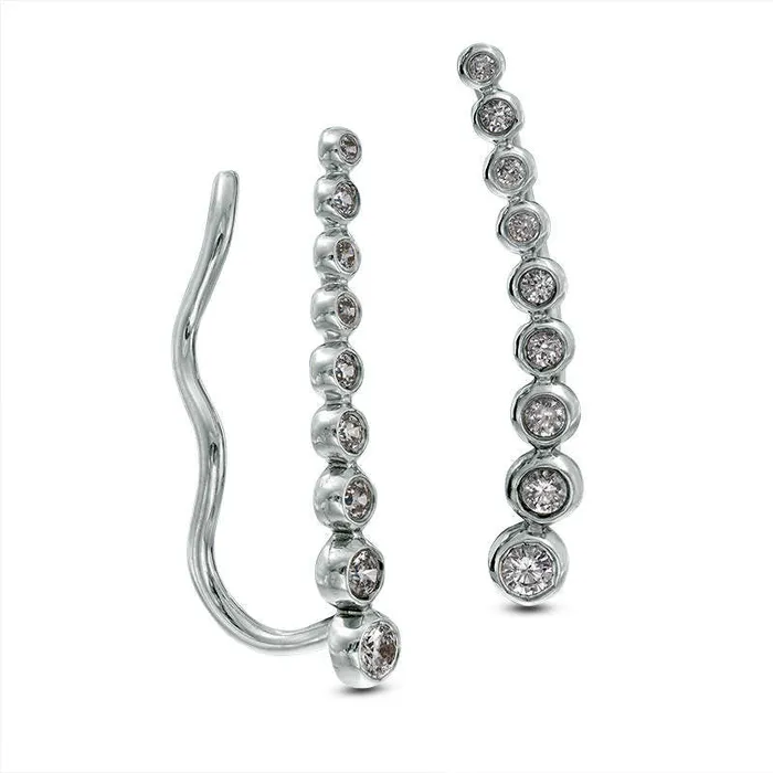 025 CT TW Diamond BezelSet Tapered Circles Crawler Earrings in 10K White Gold Goldia Earrings