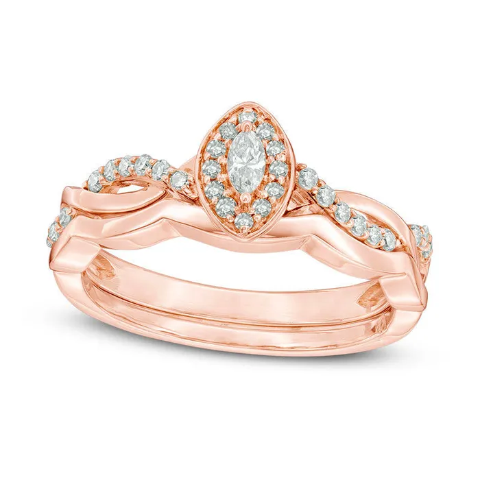 025 CT TW Marquise Natural Diamond Frame Twist Bridal Engagement Ring Set in Solid 10K Rose Gold Goldia Rings