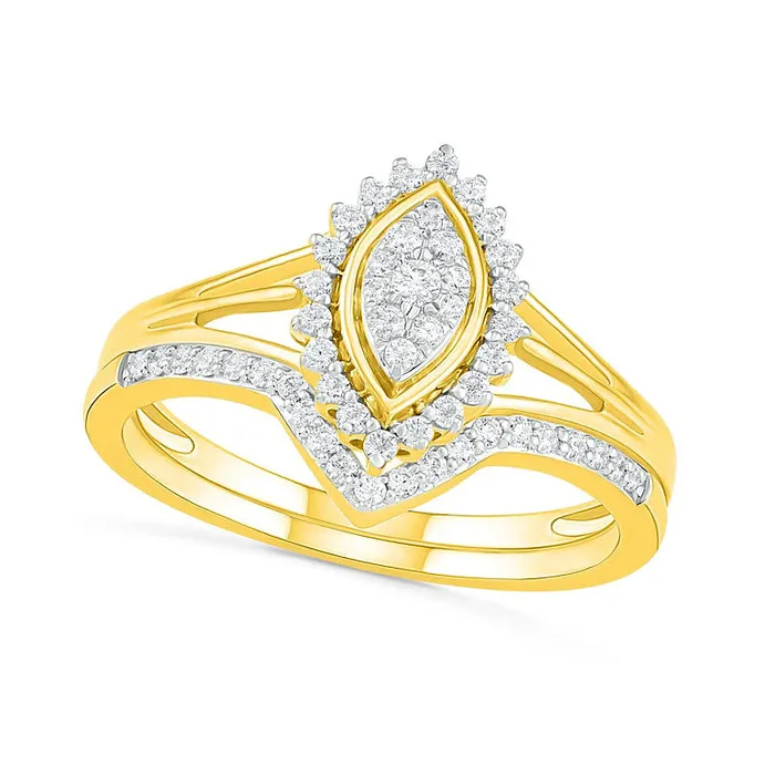 033 CT TW Composite Natural Diamond Marquise Frame Sunburst Bridal Engagement Ring Set in Solid 10K Yellow Gold Goldia Rings