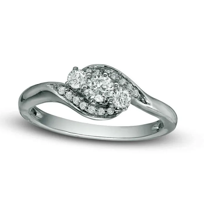 033 CT TW Natural Diamond Three Stone Bypass Ring in Solid 10K White Gold Goldia Rings