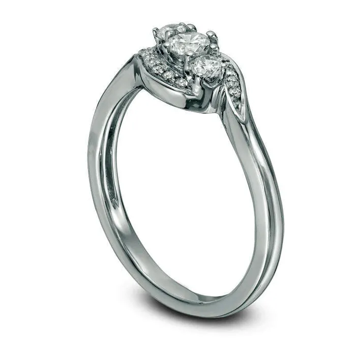 033 CT TW Natural Diamond Three Stone Bypass Ring in Solid 10K White Gold Goldia Rings