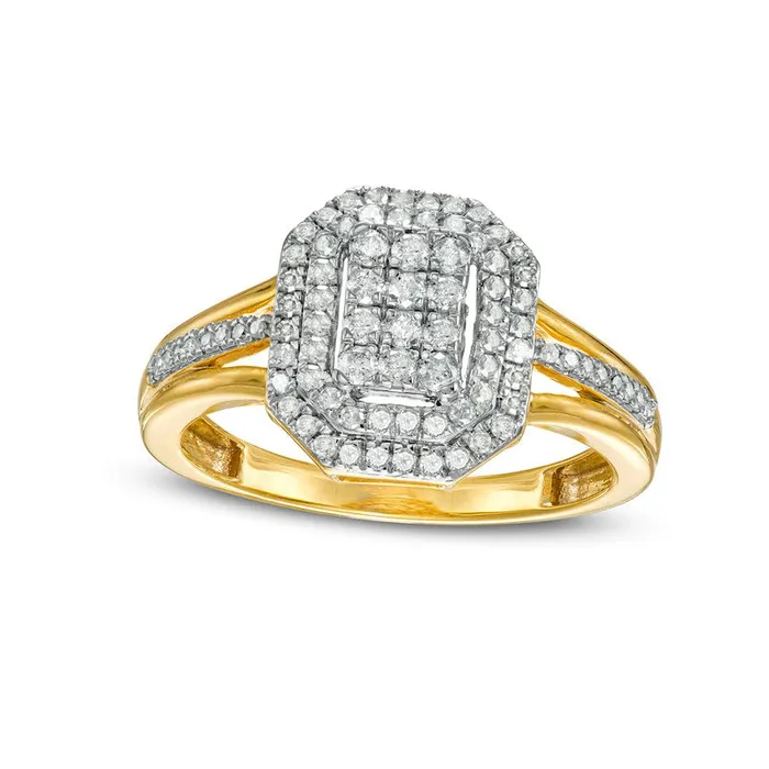 050 CT TW Composite Natural Diamond Double Octagonal Frame Split Shank Ring in Solid 10K Yellow Gold Goldia Rings