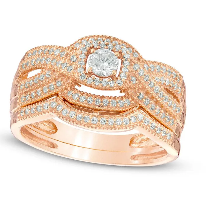 050 CT TW Natural Diamond Square Frame Twisted Shank Bridal Engagement Ring Set in Solid 14K Rose Gold Goldia Rings