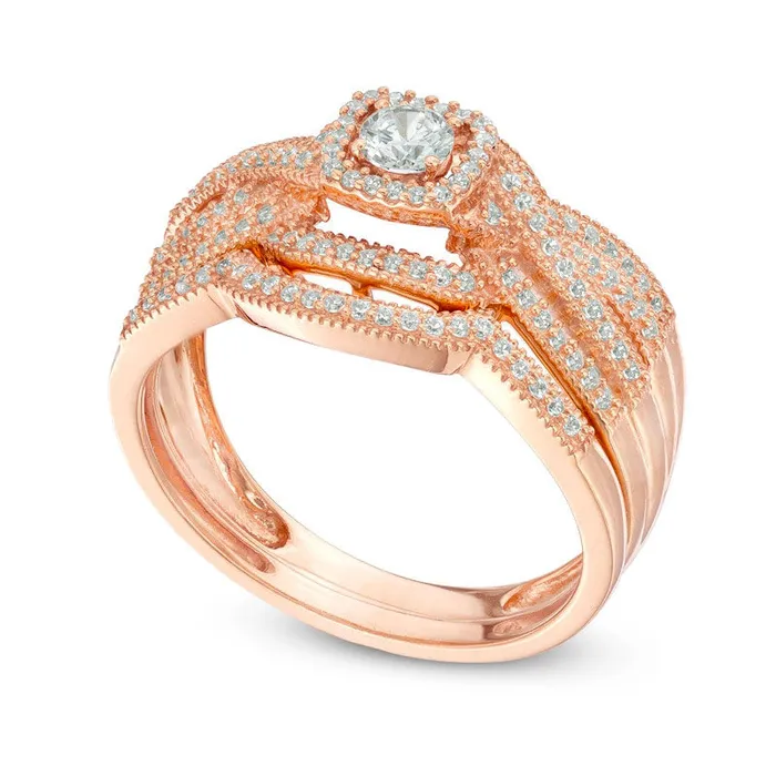 050 CT TW Natural Diamond Square Frame Twisted Shank Bridal Engagement Ring Set in Solid 14K Rose Gold Goldia Rings