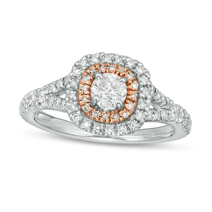 063 CT TW Natural Diamond Double Cushion Frame Engagement Ring in Solid 14K TwoTone Gold Goldia Rings