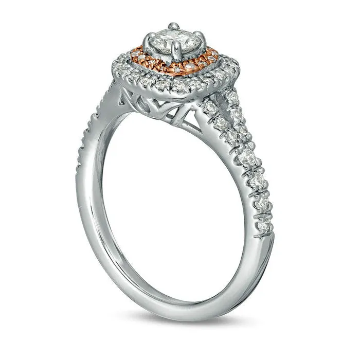 063 CT TW Natural Diamond Double Cushion Frame Engagement Ring in Solid 14K TwoTone Gold Goldia Rings