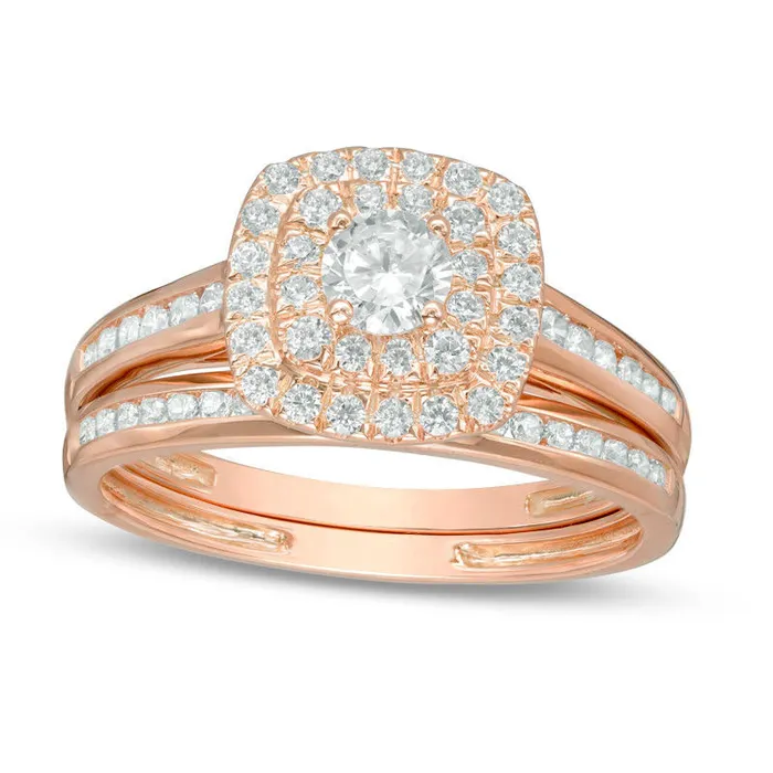 075 CT TW Natural Diamond Double Cushion Frame Bridal Engagement Ring Set in Solid 10K Rose Gold Goldia Rings