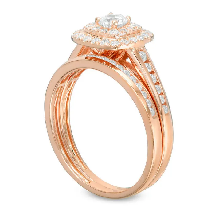 075 CT TW Natural Diamond Double Cushion Frame Bridal Engagement Ring Set in Solid 10K Rose Gold Goldia Rings