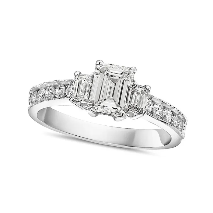 113 CT TW EmeraldCut Natural Diamond Three Stone Antique VintageStyle Engagement Ring in Solid 14K White Gold Goldia Rings