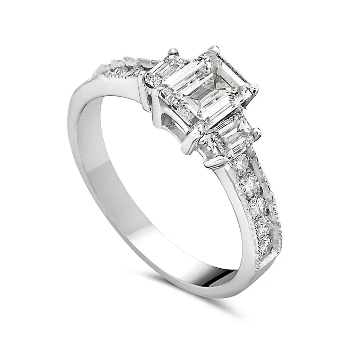 113 CT TW EmeraldCut Natural Diamond Three Stone Antique VintageStyle Engagement Ring in Solid 14K White Gold Goldia Rings