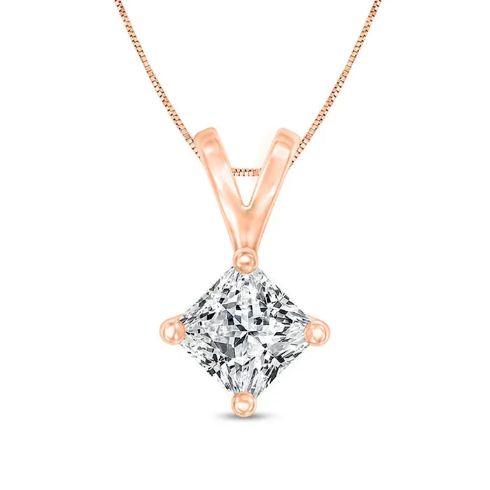 1 CT Certified PrincessCut Natural Clarity Enhanced Solitaire Pendant in 14K Rose Gold IVS2 Goldia Necklaces
