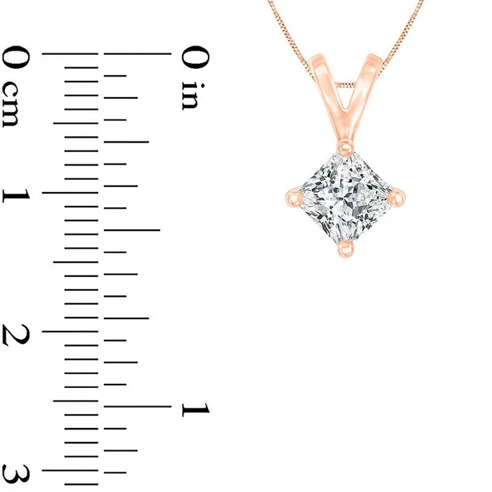 1 CT Certified PrincessCut Natural Clarity Enhanced Solitaire Pendant in 14K Rose Gold IVS2 Goldia Necklaces