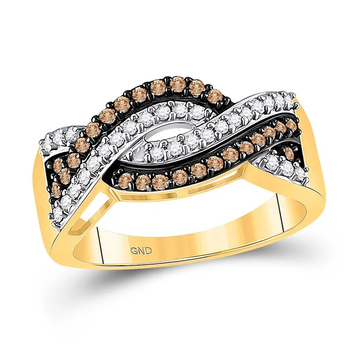10k Yellow Gold Round Brown Diamond Crossover Band Ring 12 Cttw gndatlanta Rings