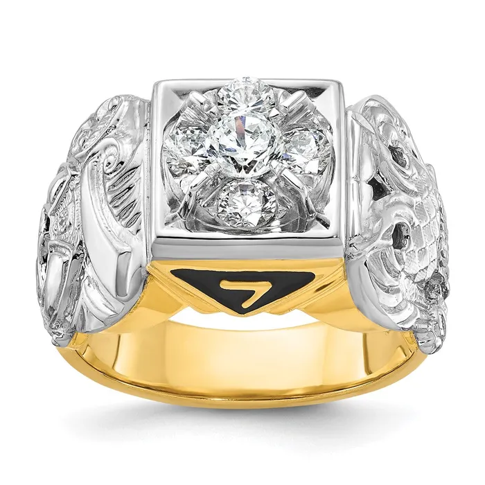 14k Twotone Gold Mens Polished and Textured with Black Enamel and Diamond Double Eagle Masonic Shriners Ring Goldia Rings